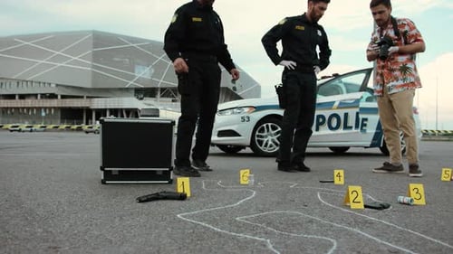 Police are Conducting a Thorough Investigation at a Crime Scene with Evidence Markers