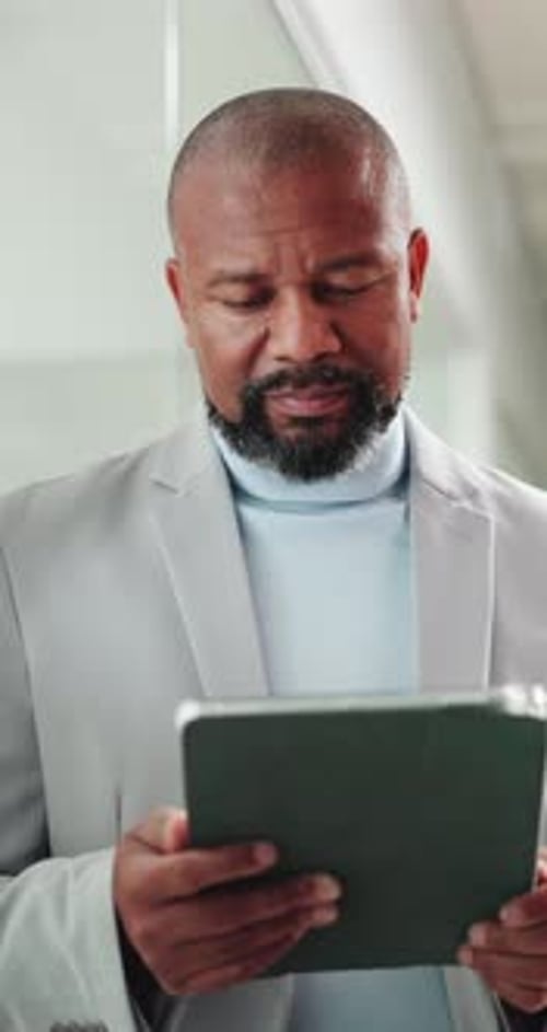 Black man, tablet and thinking at office with proposal, policy review and night by window