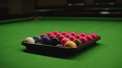 Snooker Colorful Balls Closeup on Green Billiards Table for Start to Play Snooker Game Billiard