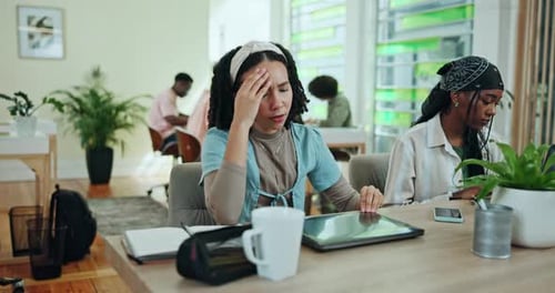 Headache, education and laptop with woman in study hall for learning, online test