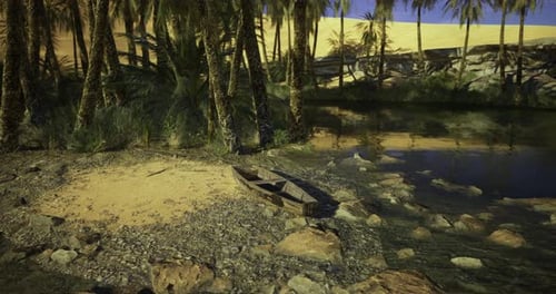 Bord de rivière pittoresque avec palmiers et bateau en bois au coucher du soleil