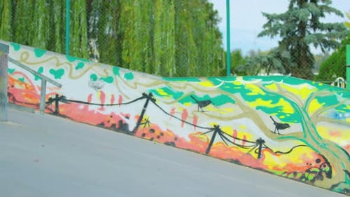 Skateboarder Cruising with Skate Park Art in the Background