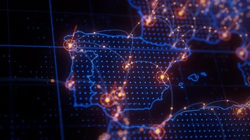 Spanische Karte mit großen Datenmengen, Futuristische digitale Karte, Infografik der Region der Iberischen Halbinsel