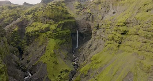 Aerial view of mulagljufur canyon and waterfall, Iceland.