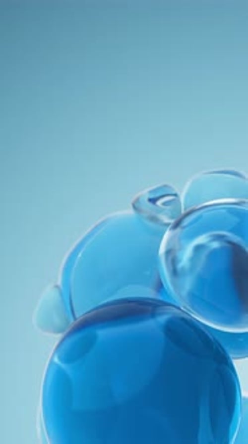 Close Up of Blue Oil Bubbles Abstract Natural Cosmetics Essential Oil Drops 3d Render Vertical Video