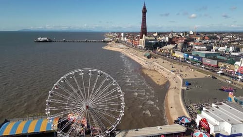 Drone shot of Blackpool, coastal town in Lancashire, England, United Kingdom