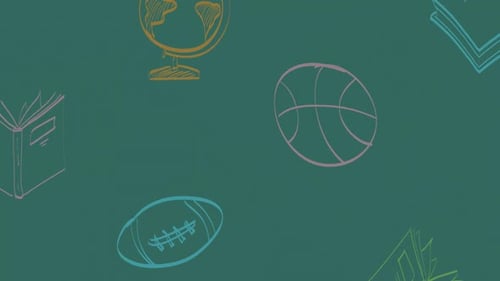 Animation of colourful sports ball, globe and book doodles moving over green chalkboard