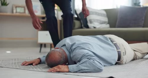 Fall, accident and senior man with nurse and emergency at home with caregiver help