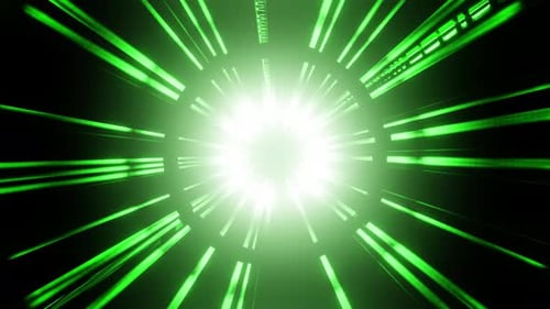 Bright flash of light from one green point on black background, overlay 3D render. Big bang