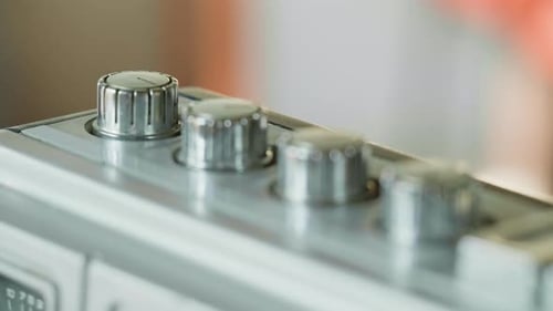 Retro Radio Tape Recorder Audio Cassette Playing Closeup Listening to Music Recording Studio Old