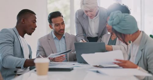 Busy, business meeting and team, brainstorming for advertising and office