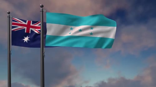 Australia and Honduras Flags Waving Realistically in Cloudy Sky