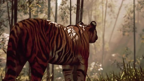 In a Dense Bamboo Grove Tiger Stands Still Using Its Senses to Locate Its Meal