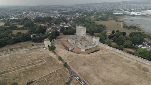 An aerial view of the Portchester Castle, a medieval castle ruin in the county of Hampshire, England