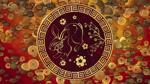 Fête du printemps chinois sur fond rouge avec des pièces d'or tombantes, symbole de richesse pour le Nouvel An