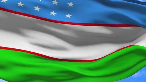 Uzbekistan Flag Waving Loop with Blue Sky Background