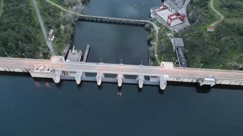 Aerial View of Dam and Reservoir Structure in Cáceres, Extremadura