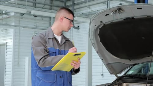 Un mécanicien enregistre les problèmes de voiture au service automobile
