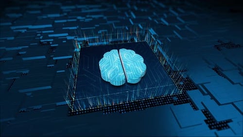Logo de cerebro digital azul 3D y partículas con placa de circuito sobre fondo abstracto 3D