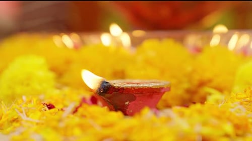 Oil Lamp with Flowers for Diwali Celebration