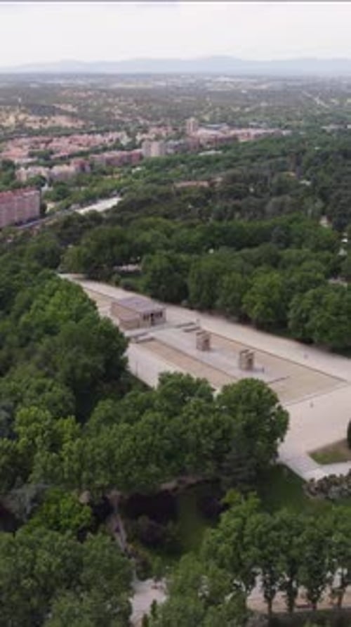 Vertical Aerial Orbit of Temple of Debod in Parque de la Montaña
