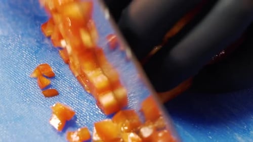 Dicing Red Bell Pepper on Cutting Board