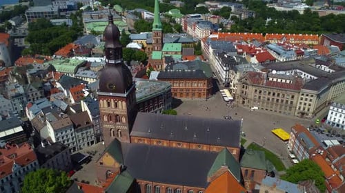 Drone view of Riga Doms Cathedral and Doms Square in Old Town