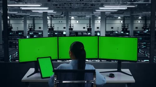 Asian Woman Working With Tablet And Computer Monitor With Mock Up Green Screen In Data Center