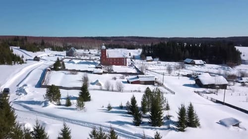 Aerial View of Rural Neighborhood in Snow Covered Valley Clip Residential Neighborhood with Snow