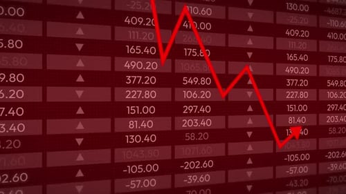 Stock Market Crash Concept In Red Color With Arrow Going Down, 4k Animation. Numbers Running Showing