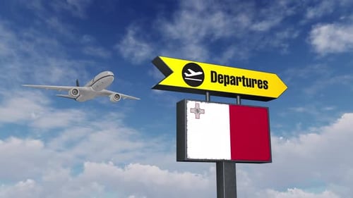 Malta Departures Airport Sign and Passenger Airplane Takeoff