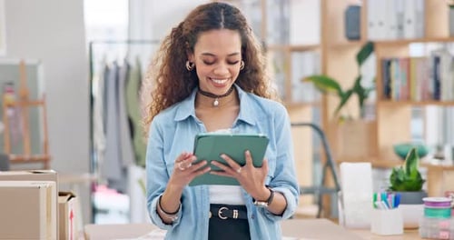 Woman, boxes and tablet for office logistics, e commerce and stock management