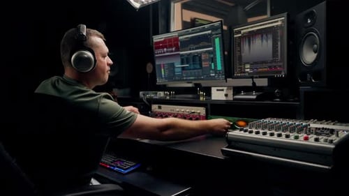 a focused male sound engineer wearing headphones sits at a mixing desk recording new track