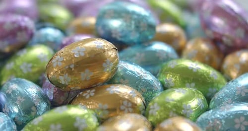 Chocolate Easter eggs wrapped in shiny foil