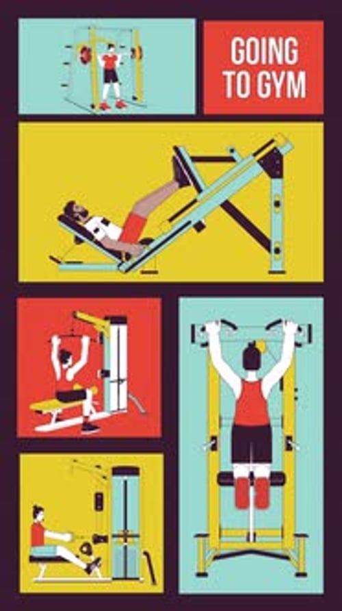 Gym workout machines bento grid vertical animation