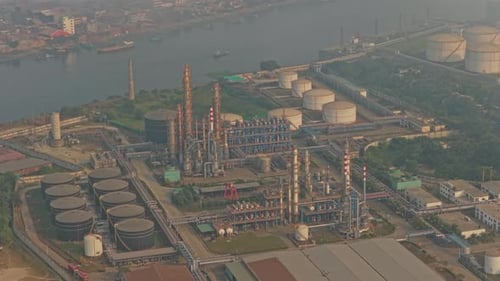 Aerial view of petroleum refinery infrastructure in Dhaka, Bangladesh