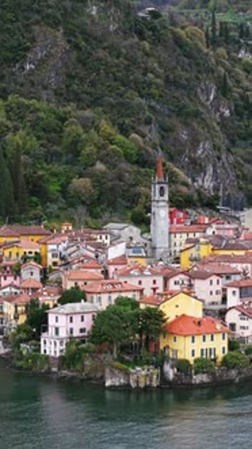 Aerial footage of Varenna, an Italian lakeside town on Lake Como
