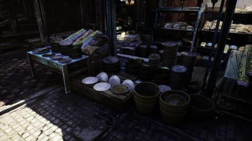 Coin de marché serein rempli de paniers tissés et de légumes pâles à l'aube