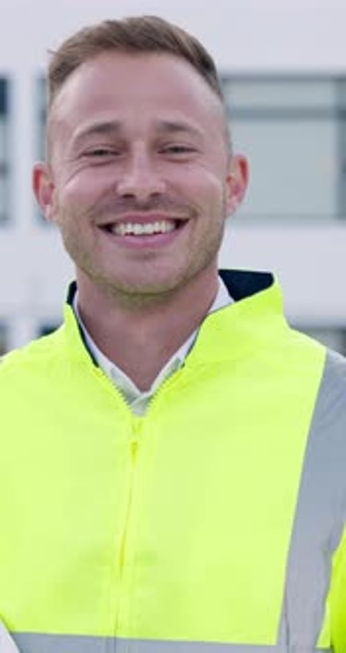Construction, face and man at building in city for maintenance services