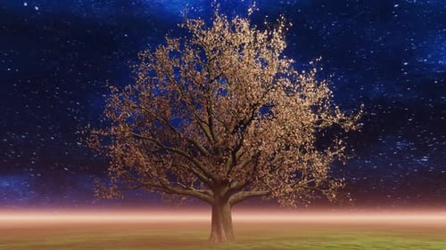 Autumn Tree with Falling Leaves at Night