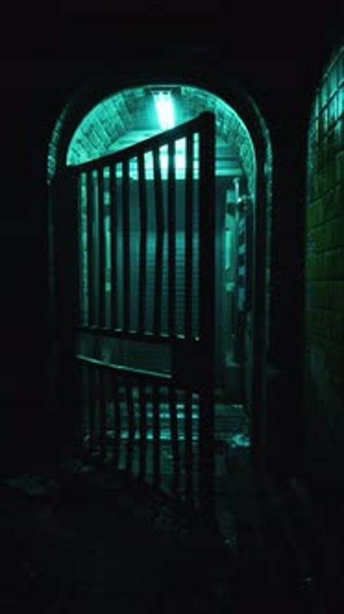 Dark Tunnel With Gate and Light at End