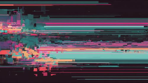 Abstrakte Glitch-Pixel und horizontale Balken, die über eine dunkle Leinwand scrollen, nahtlose Schleife, digital gezeichnet