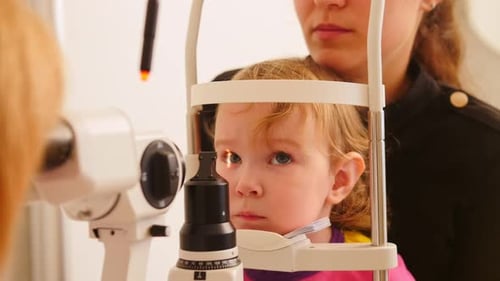 Child's Healthcare Ophthalmology Doctor Checks Eyesight at Little Girl