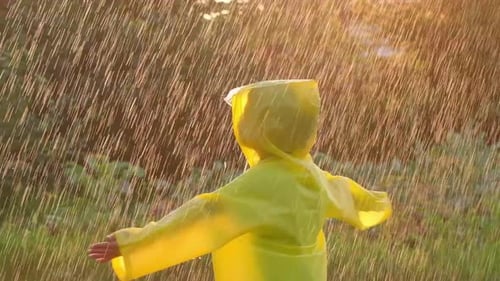 Child Yellow Raincoat Happy Smiling Boy Children Having Fun Rainfall with Drops Rain Happy Family