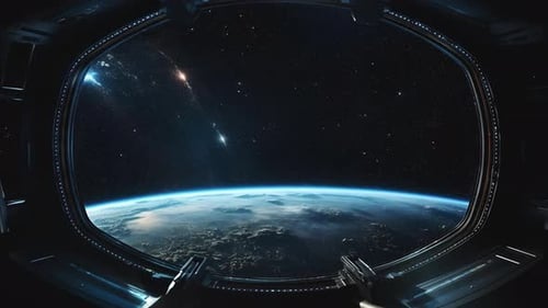 A Large Porthole of a Spacecraft Through Which an Exoplanet and a Galaxy Can Be Seen