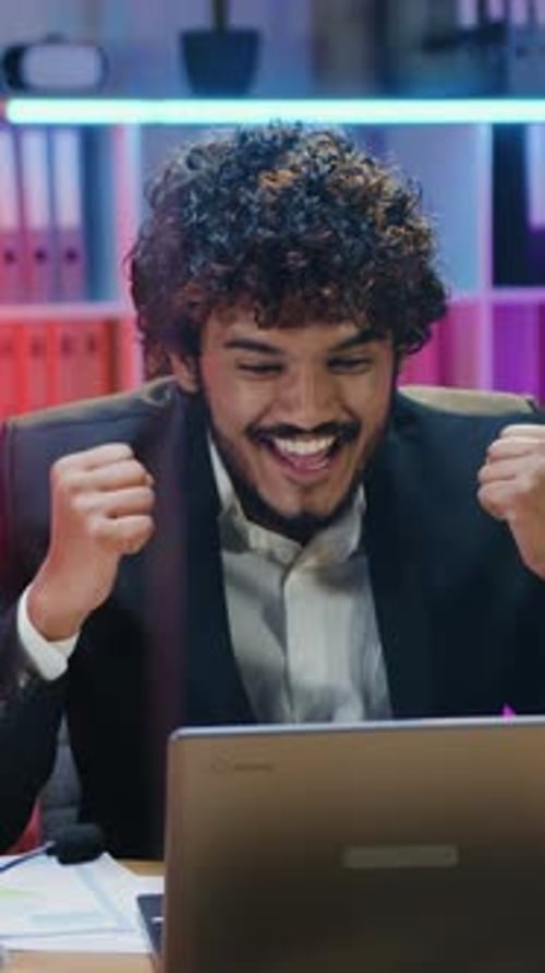 Business Victory Concept Where Likable Overjoyed Successful Muslim Bearded Office Manager in Formal
