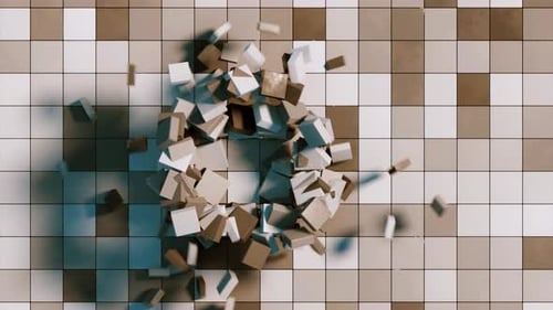 Abstract mosaic tile wall with flying 3D mosaic tiles from the inside of the wall
