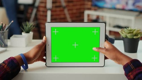 Tablet Green Screen with Person Touching Display