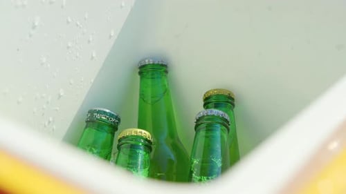 Botellas verdes que se enfrían en una hielera rodeada de hielo