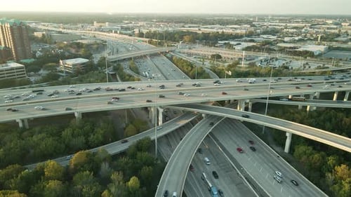 Panoramic Aerial Drone View of Interstate Freeway I10 and I610 in Houston Texas at Daylight. I10 and